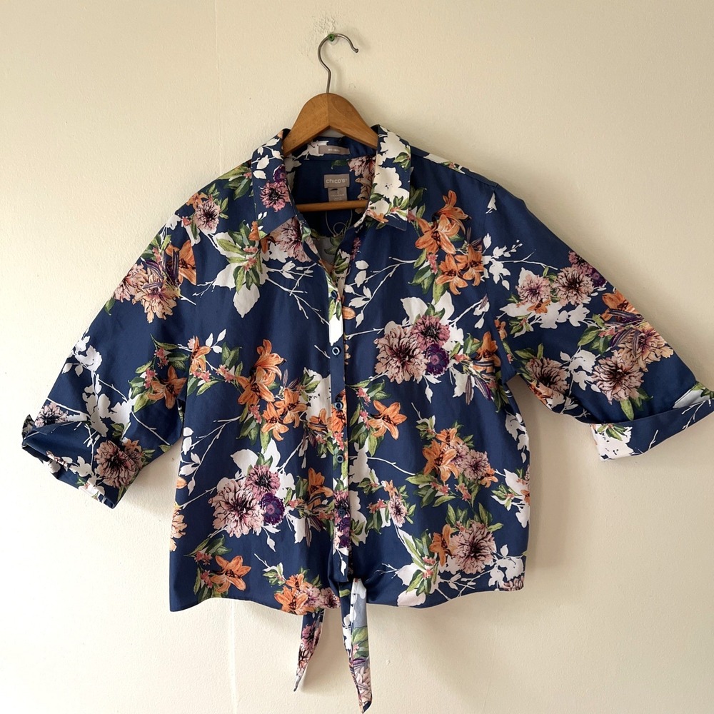 Chicos Top Womens Sz 3 = 16/18 Button Down Collar Tie Roll Sleeve Floral Cruise